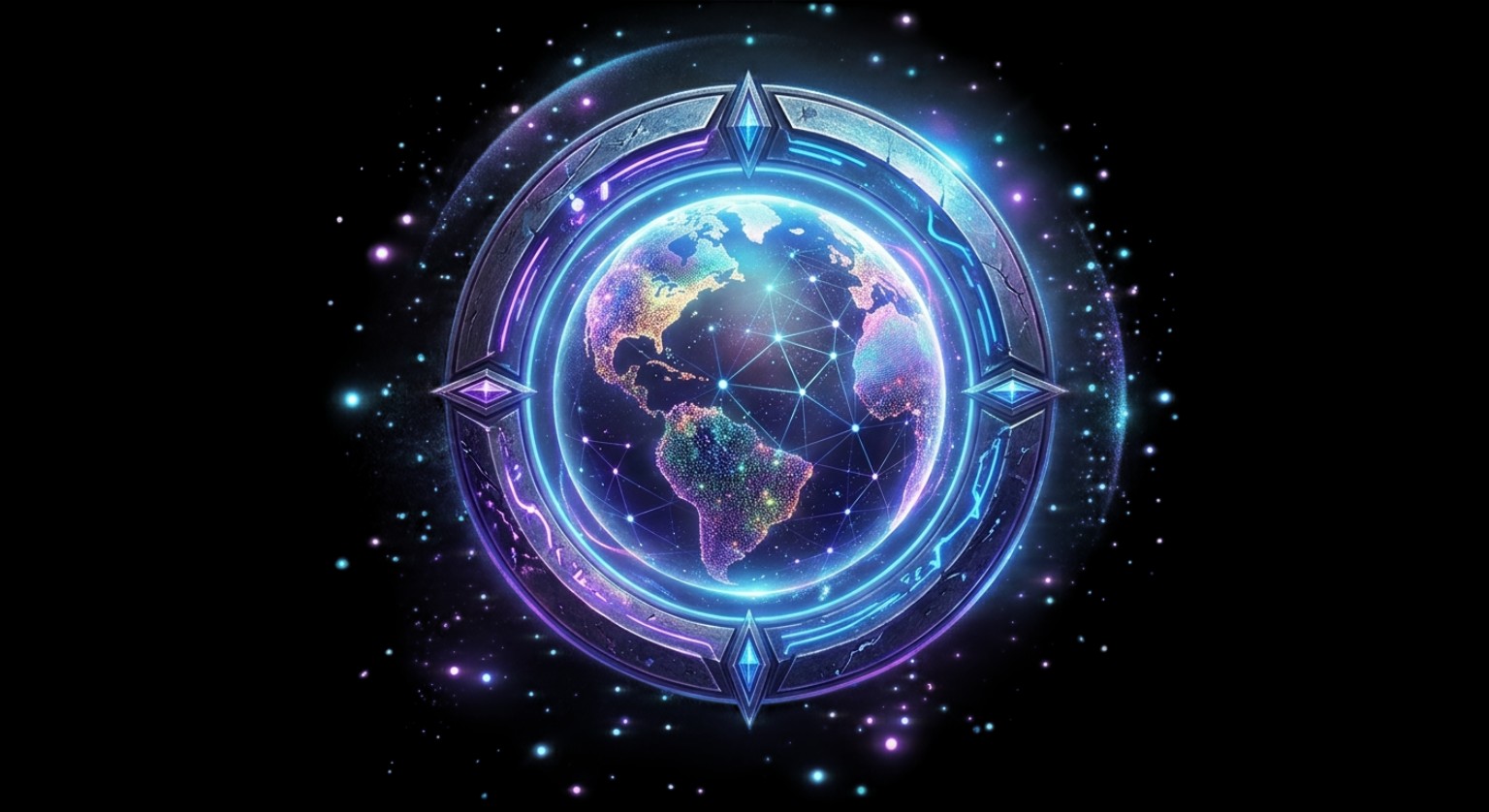 Omens globe surrounded by a metallic compass with cyan and violet light
